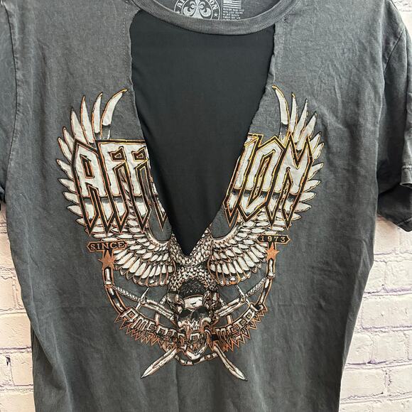 Affliction Deep V Mesh Insert Short Sleeve Tee Gray Orange Size Small - Picture 2 of 5